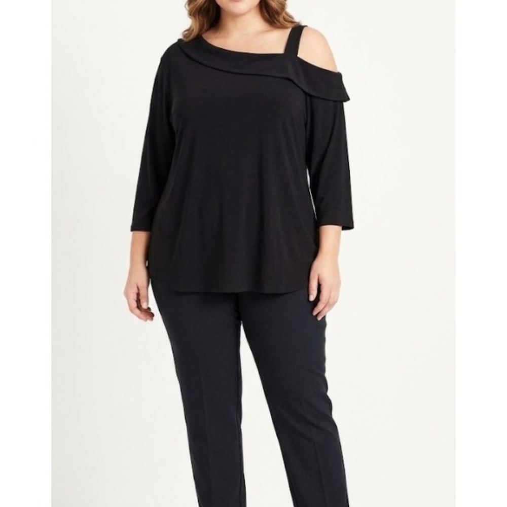 Sympli for Evelyn & Arthur Top size 18 Black Cold Shoulder Asymmetrical Ruffle